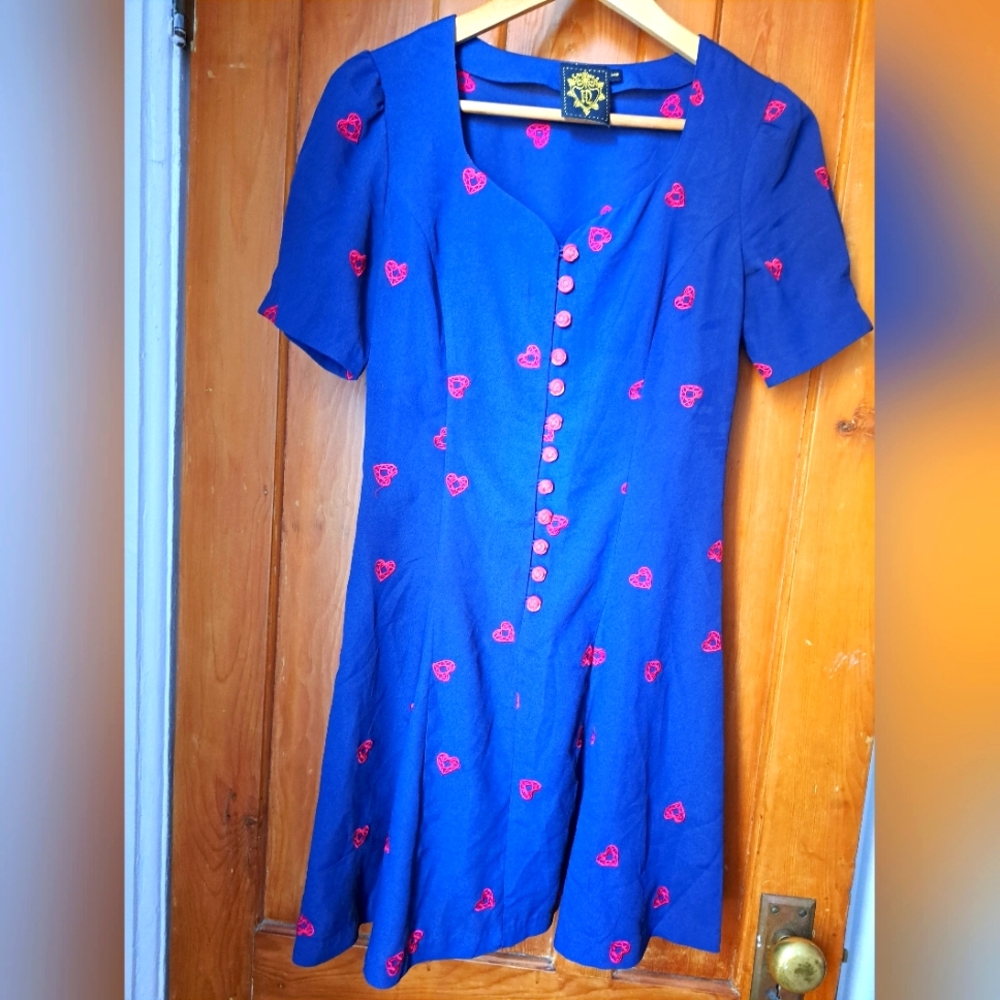 Vintage Navy Hearts Dress, Size 'UK8'